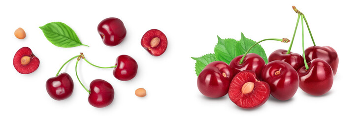 red sweet cherry isolated on white background . Top view. Flat lay