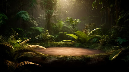 jungle forest atmosphere with open space for product presentation and advertising, gerenative AI