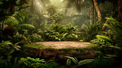 jungle forest atmosphere with open space for product presentation and advertising, gerenative AI