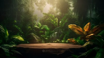 jungle forest atmosphere with open space for product presentation and advertising, gerenative AI