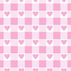 Vector seamless pattern with gingham check and hearts in pink and white colours for Valentines day