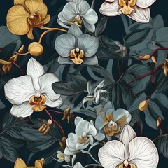 Zelfklevend Fotobehang Luxury establishment organize checking sensible, obliged making orchid makes in a tropical make make organize. Seamless pattern, AI Generated © BLACK AND WHITE LOGO