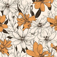 botanical organize comprising of develops drawn with a single line. Seamless pattern, AI Generated