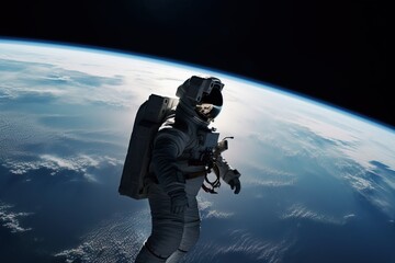 Fototapeta na wymiar a man in a space suit floating in the air with a space shuttle attached to his back, in front of the earth's horizon. generative ai