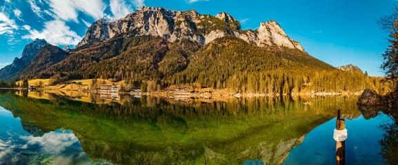 High resolution stitched winter panorama with reflections and Mount Reiteralpe in the background at Lake Hintersee, Ramsau, Berchtesgaden, Bavaria, Germany