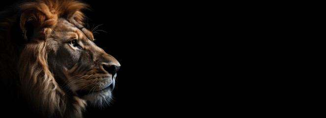 A beautiful noble lion. Panoramic image of the head of a predatory animal on a black isolated banner background. Generative AI.