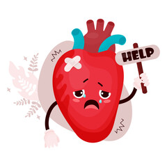 Sad suffering sick human organ heart. Cute character crying and asks for help. Vector illustration. Organ mascot in cartoon style. Concept attack illness and pain .