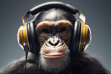 wallpaper of a cool chimp with headphones. Created with generative Ai technology