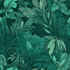Naklejka na ściany i meble speculative botanical foliage foundation in green, highlighting tropical plants, makes, make plans, and leaf branches - come full circle as a foundation. Seamless pattern, AI Generated