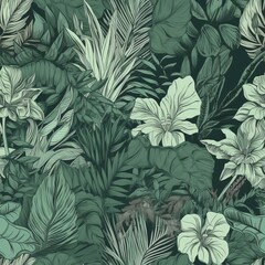 speculative botanical foliage establishment in green, highlighting tropical plants, makes, make plans, and leaf branches - come full circle as a establishment. Seamless pattern, AI Generated