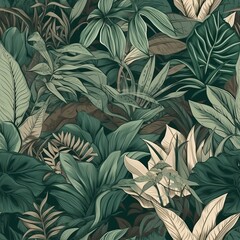 theoretical botanical foliage foundation in green, highlighting tropical plants, makes, make plans, and leaf branches - come full circle as a foundation. Seamless pattern, AI Generated
