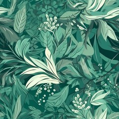 hypothetical botanical foliage foundation in green, highlighting tropical plants, makes, make plans, and leaf branches - come full circle as a foundation. Seamless pattern, AI Generated