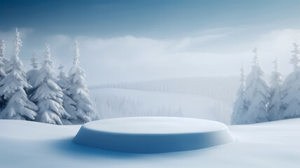  wintry landscape with snow and with podium for luxury product presentation and advertising, gerenative AI