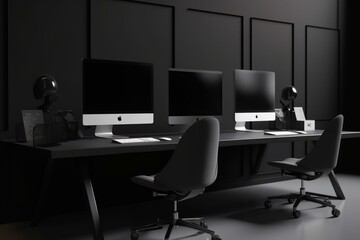 Fototapeta na wymiar Modern office with computers mockup. Black screen. 3d illustration. Generative AI