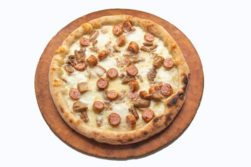 white pizza with mozzarella cheese mushrooms and sausage on a white background.