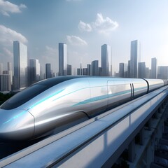 Embark on a journey into the future with an illustration of a futuristic high-speed train swiftly gliding out of a bustling metropolis. Generative AI