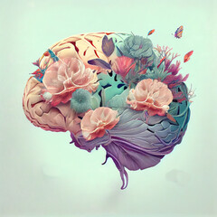 Human brain tree with flowers and butterflies, self care and mental health concept, positive thinking, creative mind, generative AI