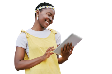 Black woman, tablet and reading with smile for social media post, app or website by transparent png background. Isolated model, student girl and mobile touchscreen streaming video, meme or studying