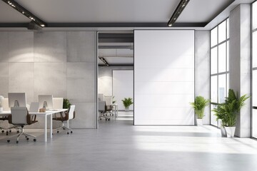 Fototapeta na wymiar Modern light metal wall office design with clean white mock up poster. 3D Rendering. Generative AI