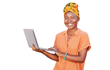 Happy portrait, laptop and African woman isolated on transparent, png background for fashion...