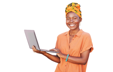 Happy portrait, laptop and African woman isolated on transparent, png background for fashion promotion or blog. Nigeria person or young model on computer for retail, clothes sales and social media
