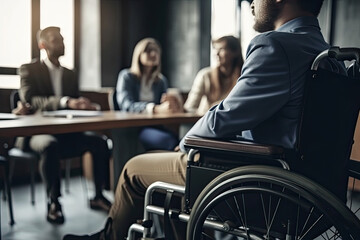 Fototapeta premium close up view of businessman sitting at wheelchair at meeting and having meeting in modern office, created with Generative AI