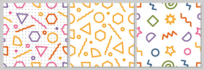 Set fun colorful geometric doodles. Seamless baby pattern. Modern abstract background in 90s style for parties.