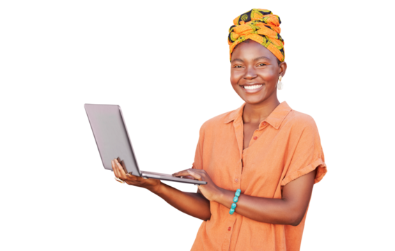 Happy portrait, laptop and African woman isolated on transparent, png background for fashion promotion or blog. Nigeria person or young model on computer for retail, clothes sales and social media