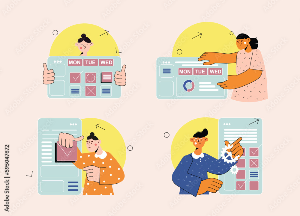 Poster business planning set concept with people scene in the flat cartoon style. business workers create l