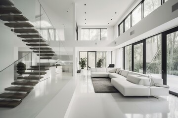 Fototapeta na wymiar House Interior, white interior, modern home, modern home living, monochromatic. Generative AI