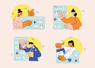 Online doctor appointment set concept with people scene in the flat cartoon style. Doctors send appointments and prescriptions to patient by email. Vector illustration.