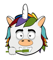 vector illustration face of a cartoon unicorn brushing his teeth with a toothbrush