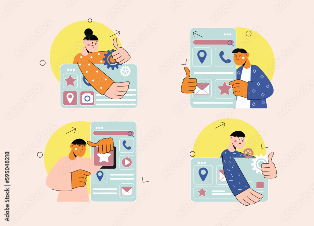 Poster set concept app development with people scene in the flat cartoon style. programmers work on develop