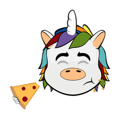 vector illustration face of a cartoon unicorn eating a slice of pizza
