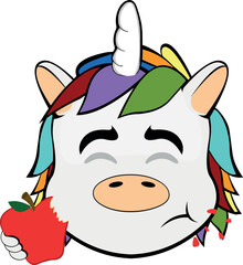 vector illustration face of unicorn cartoon eating a red apple
