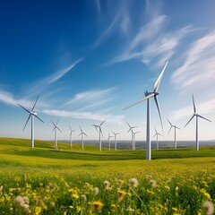 Discover the beauty of renewable energy with a picturesque windmill park set against a lush green field. Witness the harmonious blend of sustainable technology and natural landscape. Generative AI