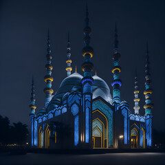 Eid al-Fitr | capture a high-definition photograph of a mosque at night during Eid al-Fitr, with colorful lights and geometric designs on the building's fa&ccedil;ade. Ai