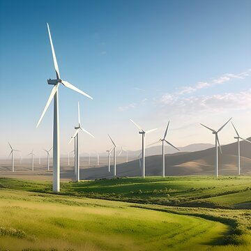 Discover the beauty of renewable energy with a picturesque windmill park set against a lush green field. Witness the harmonious blend of sustainable technology and natural landscape. Generative AI