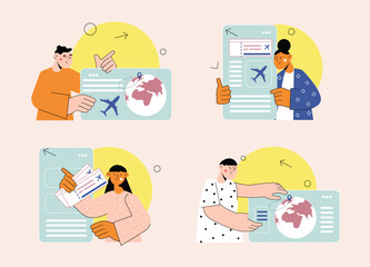 Online ticket purchase set concept with people scene in the flat cartoon style. People buy fly tickets on the Internet. Vector illustration.