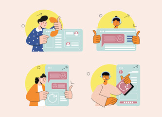 Online support set concept with people scene in the flat cartoon design. Employees of support centers try to help clients on the Internet. Vector illustration.