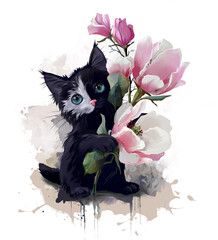Black kitten with white spot and magnolia flowers - 595048833
