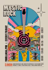 Vlies Fototapete Höhenskala Retro vintage styled psychedelic rock music concert or festival or party flyer or poster design template with electric guitar surrounded by mushrooms with sunset on background. Vector illustration
