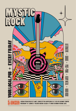 Retro vintage styled psychedelic rock music concert or festival or party flyer or poster design template with electric guitar surrounded by mushrooms with sunset on background. Vector illustration