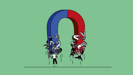 People stuck to horseshoe magnet