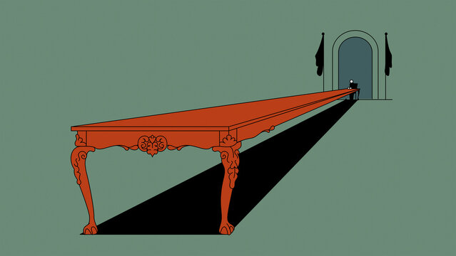 Man alone at end of very long conference table