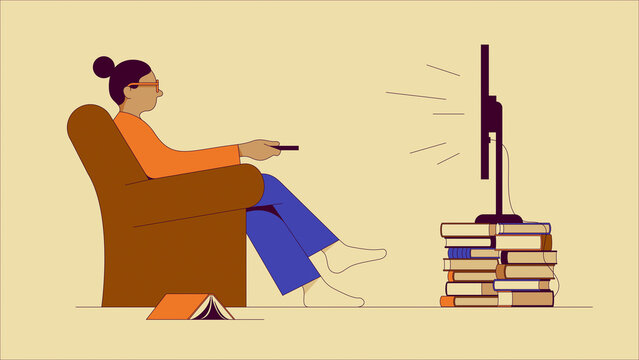 Woman preferring watching TV instead of reading
