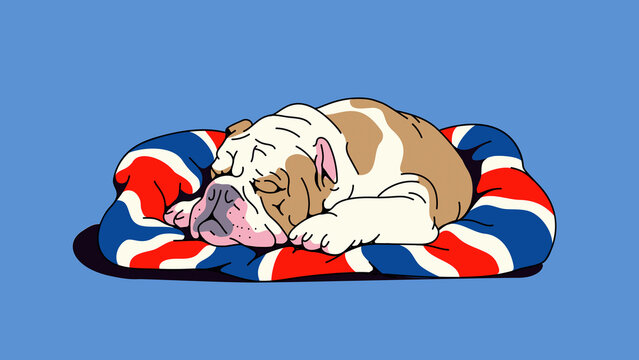 British bulldog asleep on Union Jack cushion