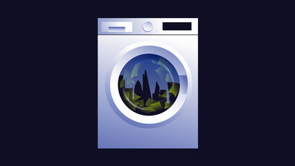 London city buildings and money in washing machine