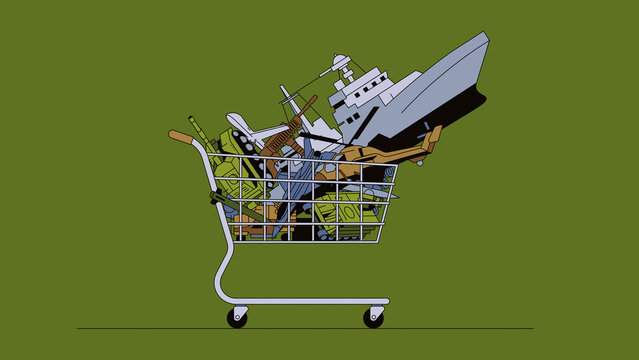 Shopping trolley full of military hardware