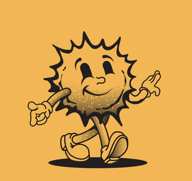 Retro styled smiled funny sun cartoon character on walk for t-shirt or poster design isolated on yellow background. Vector illustration